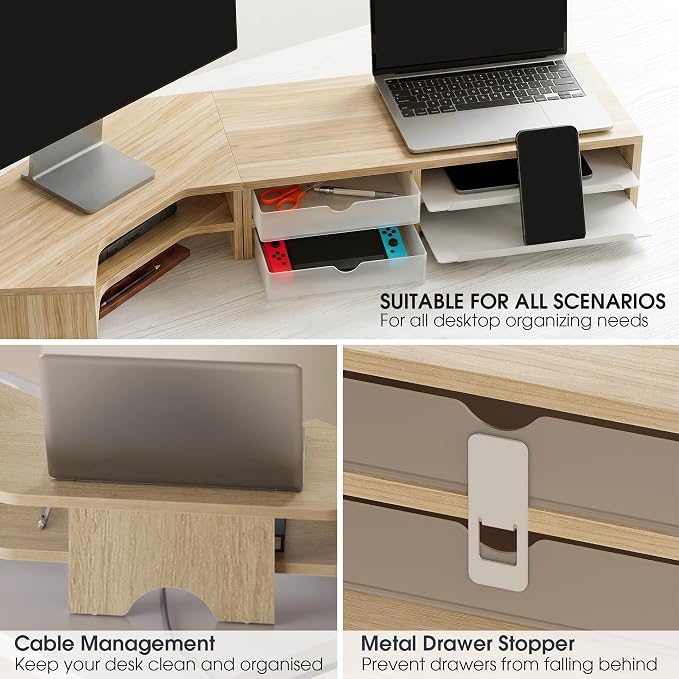 Fenge Dual Monitor Stand, Corner Desk Shelf with Drawer & Slide-Out Tray | Modular Design for Flexible Layouts, 2-Tier Storage Desktop Organizer for Computer, Laptop, Printer and Telephone - Image 5