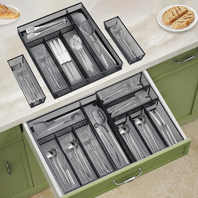 Neudeco Drawer Organizer Set, Black Mesh, 6 Pack | 5-Compartment Silverware Organizer Tray, 5 Utensil Trays, For Flatware, Cutlery, Office Supplies, Non-Slip - Image 8