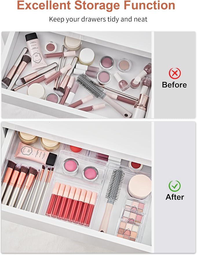 SMARTAKE 20-Piece Drawer Organizer with Non-Slip Silicone Pads, 7-Size | Desk Drawer Organizer Trays Storage Tray for Makeup, Jewelries, Utensils in Bedroom Dresser, Office and Kitchen (Clear) - Image 4