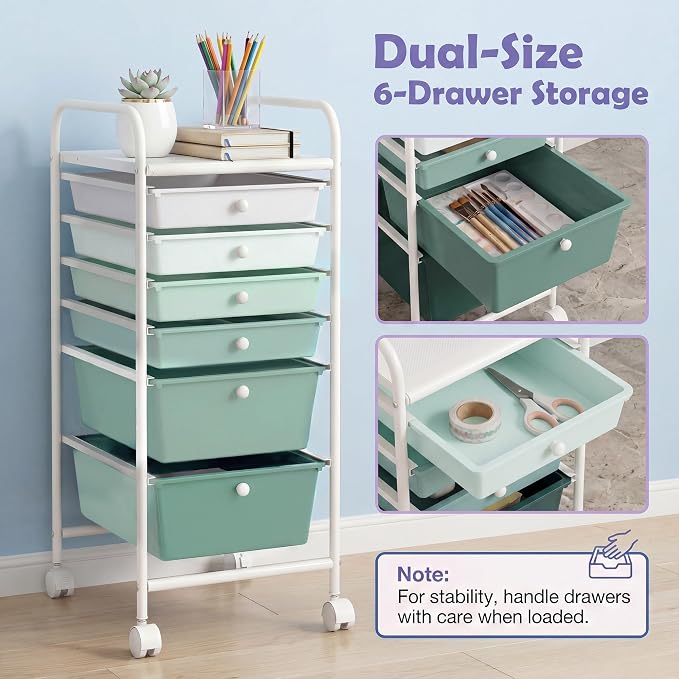 COSTWAY 6-Drawer Rolling Storage Cart, Art Craft Tools Organizer on Wheels | Multifunctional Heavy Duty Utility Mobile Storage Trolley w/ 2 Lockable Wheels for Home Office School (Green Gradient) - Image 5