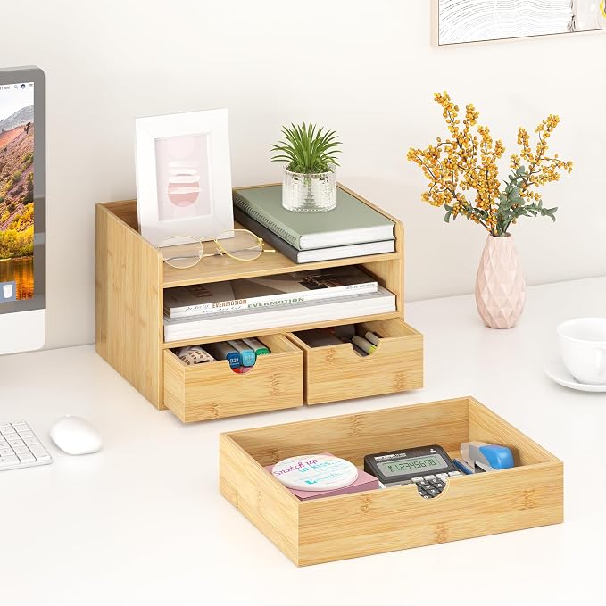 Bamboo Desk Organizer with Drawers, Desktop Storage Box for Office Supplies | 3 Drawers Desktop organizer, No Assembly Required, Natural Wood Wooden Desktop Drawers for Bills, Cosmetics, Seals, Paper - Image 5