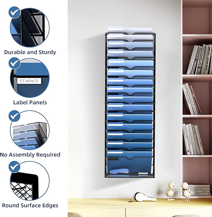 DALTACK Wall File Holder 16 Tier Hanging Wall File Organizer, for Papers Mails Folders Clipboard Magazine Organization for Office Home School Classroom, Mesh Metal, Assembly Needed, Black - Image 2
