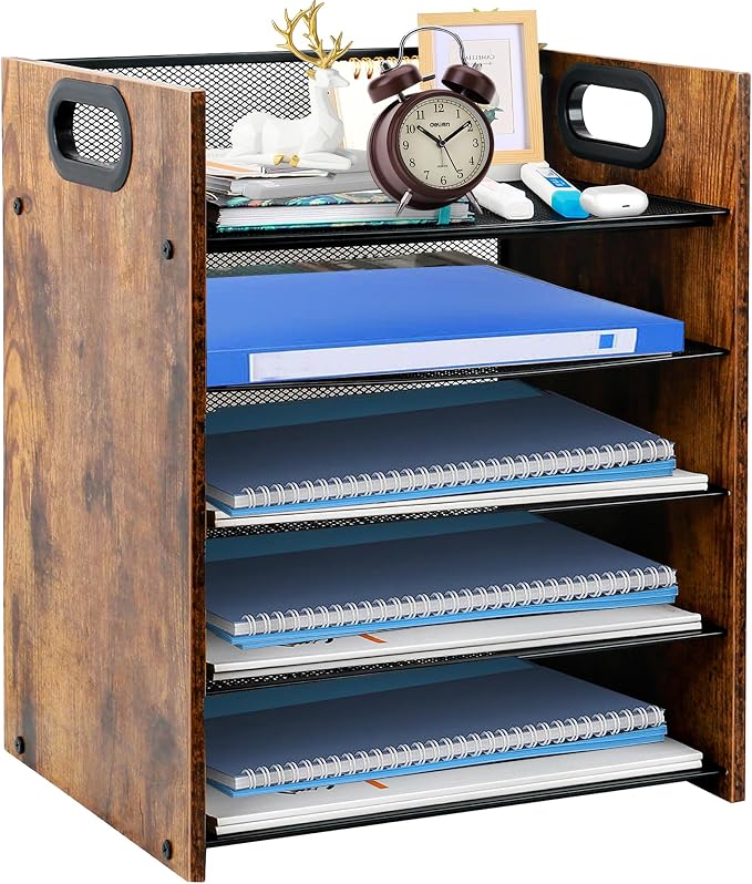 Desk Organizer - 5-Tier Desktop File Organizer, Wooden Paper Tray Organizer, Office Desk Organzier and Accessories for Papers, Mail, Notebooks, Stationery by BOERSHUN