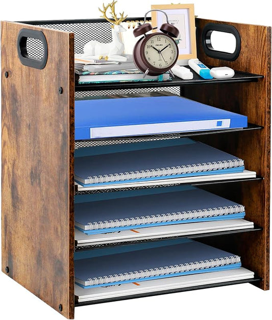 Desk Organizer - 5-Tier Desktop File Organizer, Wooden Paper Tray Organizer, Office Desk Organzier and Accessories for Papers, Mail, Notebooks, Stationery by BOERSHUN