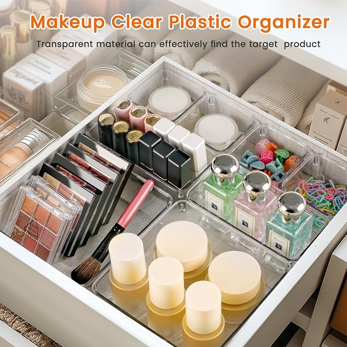Drawer Organizer, 18 Pack Large Clear Plastic Kitchen Drawer Organizers Set, 6 Size Versatile Bathroom and Vanity Drawer Organizer Trays, Storage Bins for Makeup, Bedroom, Kitchen Utensils - Image 6