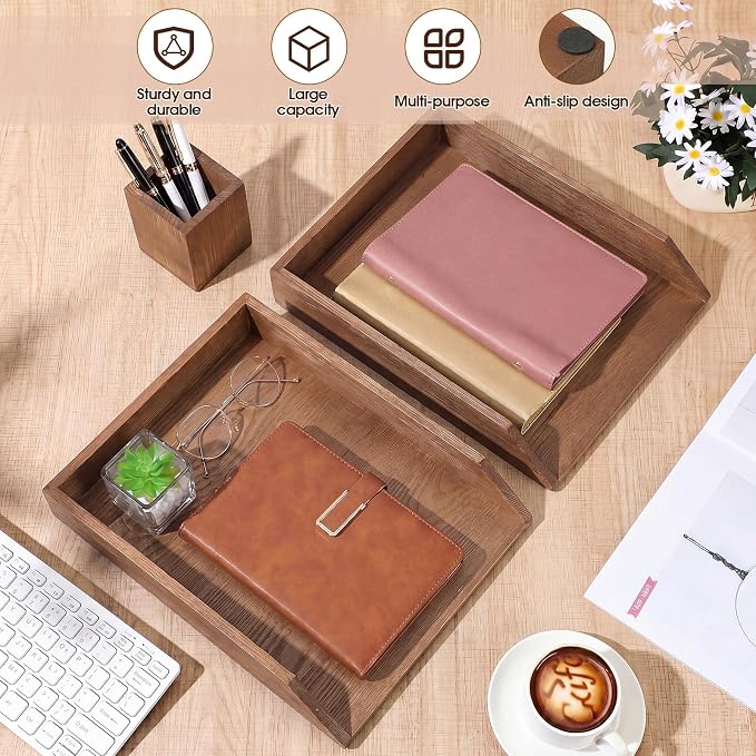 Nuanchu 2 Pcs Wooden Letter Trays with Pen Holder Wood Desk Organizer Set Heavy Duty 2 Tier Brown Stackable Supports Letter-Size Paper Tray Desktop Drawer Pen Magazine File Folder Office Accessories - Image 4