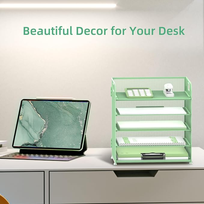 5 Trays Paper Organizer Letter Tray with Handle-Mesh Desk File Holders, Paper Sorter Desk Organizer for Office, Home, Classroom or School(Mint Green) - Image 5