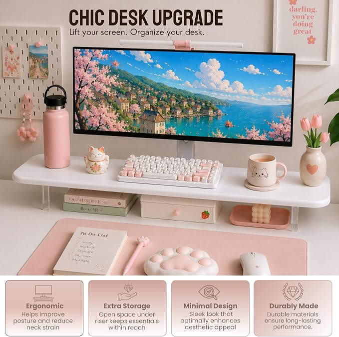 Bamboo Monitor Riser, Wide Desktop Monitor Stand for Desk with Clear Acrylic Legs, 31.5 x 8 inch Bamboo Wood Shelf, Fit Keyboard, Home Office Workspace Accessories, Study Stationaries Storage (White) - Image 5