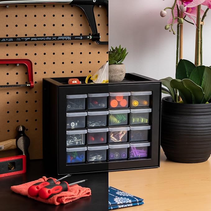 IRIS USA 16-Drawer Small Drawer Organizer, Garage Desk Storage, Black | Wall mountable, Stackable Teacher Toolbox, Beads, Building Bricks, Water Packets, Screws, Hardware - Image 6
