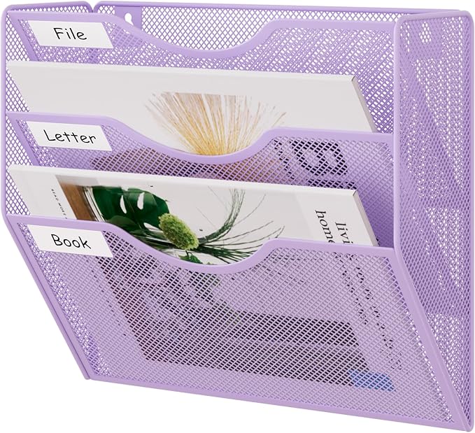 EasyPAG 3 Pocket Mesh Wall File Organizer, Hanging Paper Folder Holder with Classify Label, Vertical Wall Mount Mail Organizer for Office Home Classroom, Purple by EasyPAG