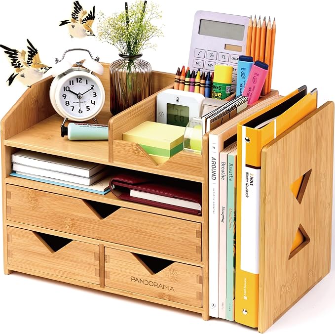 Pandorama Bamboo Desk Organizer Large - A4 Drawers & Adjustable File Holder, Fully Assembled Wood Desktop Storage for Kitchen, Bedroom, Bathroom, Study Room by Pandorama