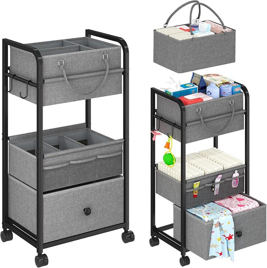 Cidaziya 3In1 Baby Diaper Caddy Organizer, 3 Tier Rolling Cart with Drawer, Detachable Dividers, Mobile Utility Cart Baby Dresser Clothes Organizer for Crib, Bedroom, Art & Craft Storage, Grey by Cidaziya