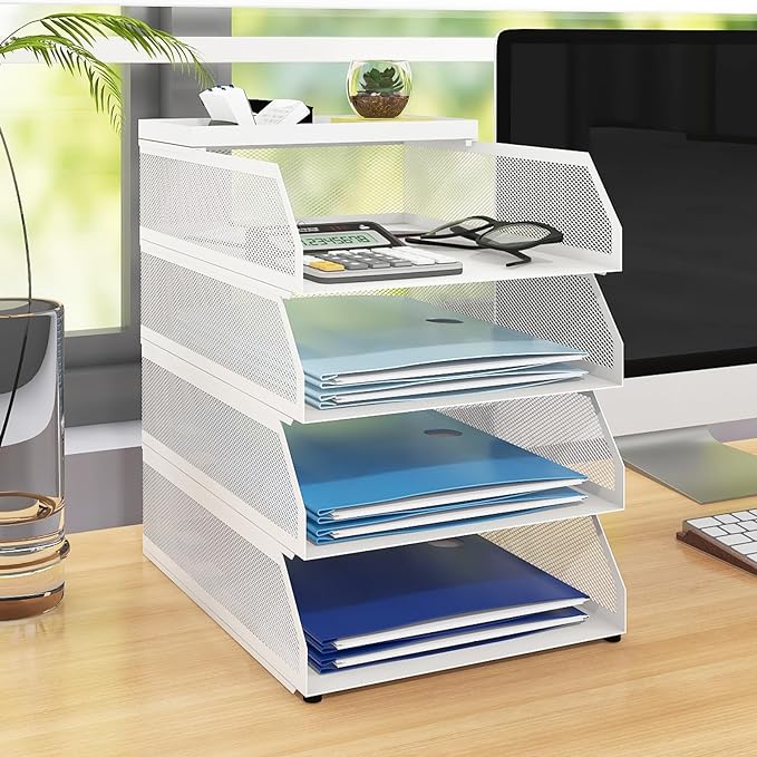 Natwind 4-Tier Stackable Metal Mesh Desk Paper Tray Organizer,White | Desktop Accessories for Office Supplies, Letter Tray For Paper Storage ,File Document Holder For Home School Classroom by Natwind