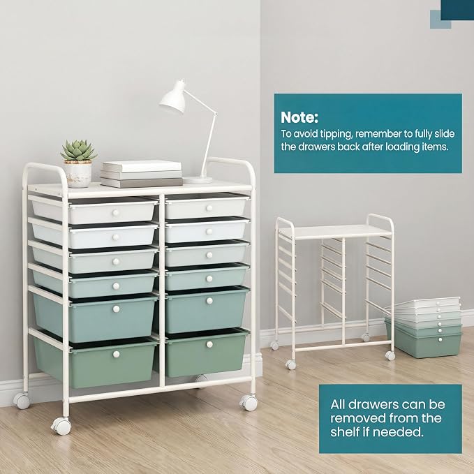 COSTWAY 12-Drawer Rolling Storage Cart, Moveable Art Craft Organizer | Lockable Wheels, Metal Shelf, Files Arrangement Tools Makeup Storage Cart for Office, Home, School (Green Gradient) - Image 7