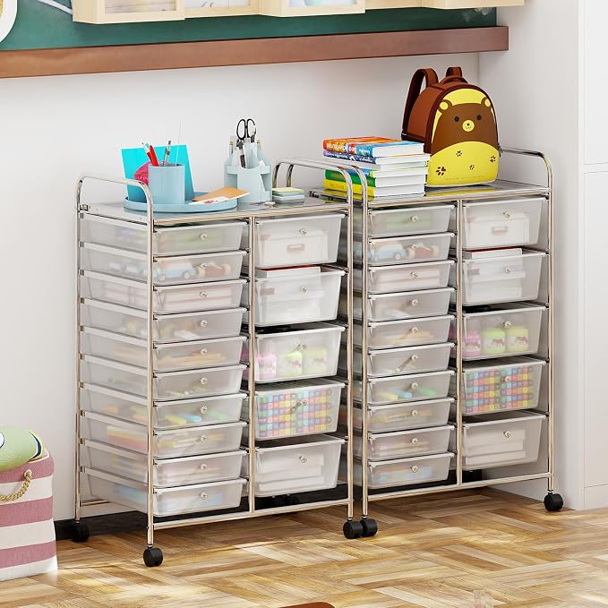 Giantex 15 Drawer Rolling Cart with Drawers, Storage Organizer Cart for Classroom Office School Teacher, Mobile Drawer Cart for Tools, Crafts, Small Printer, Clear - Image 4