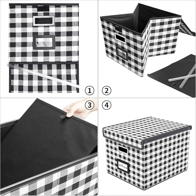 File Organizer Box with Lids, Collapsible File Folder Organizer | File Box with Plastic Slides for Document, Filing Bin for Letter Size Hanging File Folders (2 Pack, Black & White Lattice) - Image 5