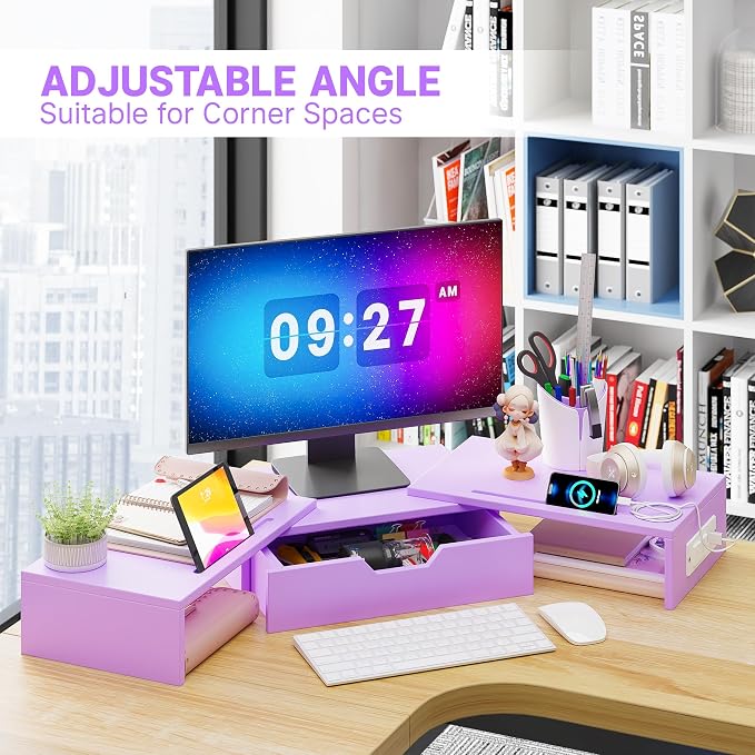 Dual Monitor Stand with USB Ports Wood Monitor Stand Riser with Drawer | Adjustable Desk Shelf,Desk Organizer for Computer,Laptop,Study&Office,No Assembly Required,Pink - Image 5