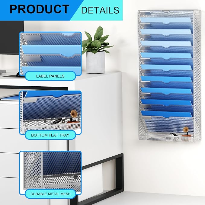 Hanging Wall File Organizer 10 Tier Wall Mounted File Holder Document Wall Organizer Magazine Organization for Office Home, Silver - Image 4