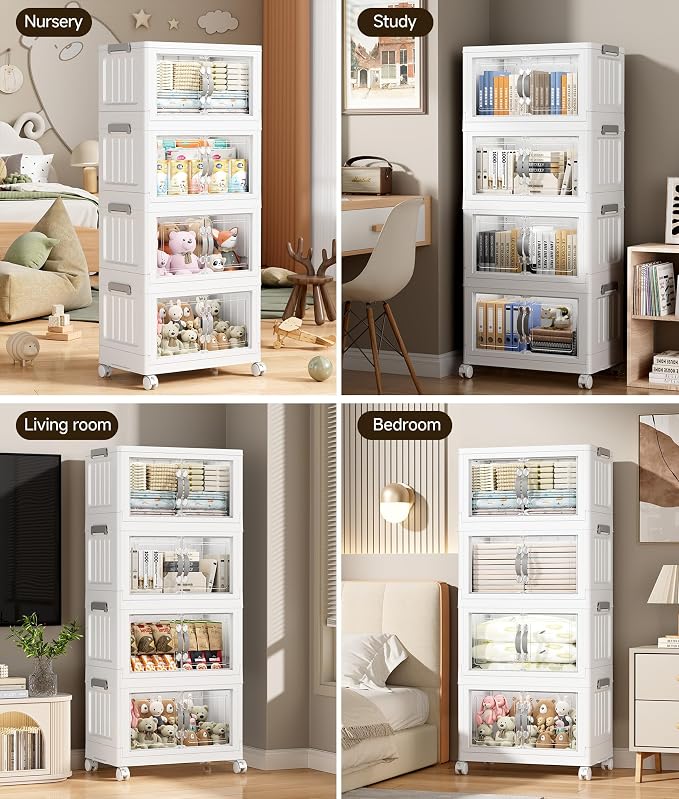 Hanyi 140 QT Stackable Storage Bins with Lids, 4 Tier Collapsible Plastic Storage Cabinet with Magnetic Doors, Removable Top Lid, Locking Wheels, Closet Organizer for Bedroom, Pantry, Office - Image 4