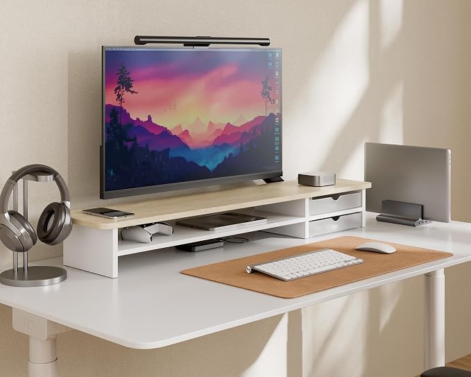 Fenge Monitor Stand, Desk Computer Riser with Frosted Storage Drawer, Oak | 42.5 Inch Dual Monitor Riser, 2 Tiers, Cable Management, Desk Shelf for 2 Monitors, Ultrawide Screen, Laptop, TV, Home Office - Image 7
