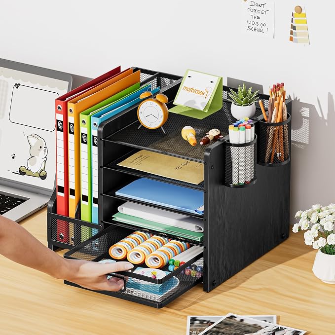Marbrasse Desk Organizer with File Holder, 5-Tier Paper Letter Tray Organizer with Drawer and 2 Pen Holder, Mesh Desktop Organizer and Storage with Magazine Holder for Office Supplies (Wood-Black) - Image 6