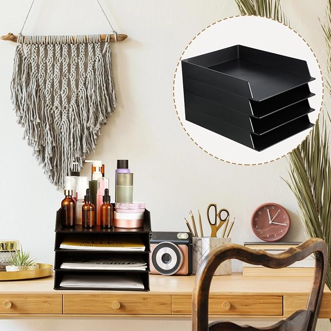 12 Pcs Stackable Paper Trays Rectangular Plastic Desk Holder Desktop Document File Organizer Storage Letter for Office Classroom (Black) - Image 5