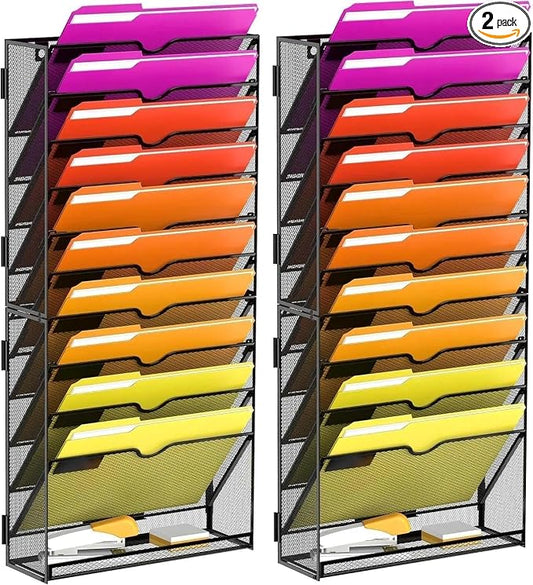 2-Pack 11-Tier Wall File Organizer with Base and Hooks, Black | Wall Organizer and Wall File Holder with 11 Vertical Pockets and Bottom Tray for Files, Mail, Folders, Magazines and Paper by JMHUD