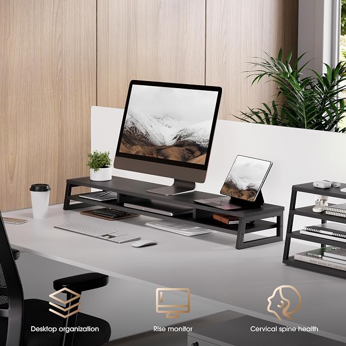 Fenge Dual Monitor Riser for Desk, Open Shelf with 3 Storage Compartments | 42.5in Computer Monitor Stand, 2-Tier Desk Shelf for Top of Desk,One-Piece Panel, fit Ultrawide Monitor, PC, Laptop, Black - Image 8