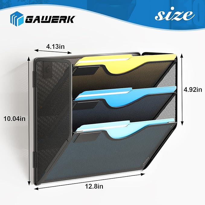 Gawerk 3 Tier Hanging Wall File Organizer, Mesh Mail Paper Orgnization Hanging File Folder Holder for Home Office, Black - Image 2