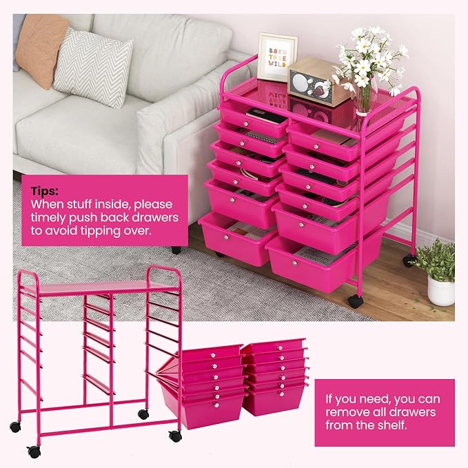 COSTWAY 12-Drawer Rolling Storage Cart, Moveable Art Craft Organizer | Lockable Wheels, Metal Shelf, Files Arrangement Tools Makeup Storage Cart for Office, Home, School (Hot Pink) - Image 5