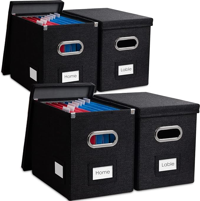 File Organizer Box - Set of 4 Collapsible Decorative Linen Filing Storage Hanging File Folders with Lids Office Cabinet Letter Size Black (14x9.3x10.8 inch) by Prandom