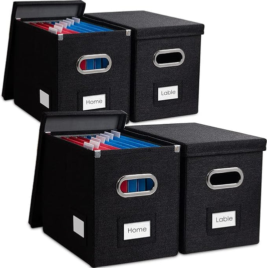 File Organizer Box - Set of 4 Collapsible Decorative Linen Filing Storage Hanging File Folders with Lids Office Cabinet Letter Size Black (14x9.3x10.8 inch) by Prandom