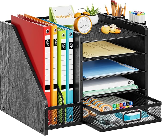 Marbrasse Desk Organizer with File Holder, 5-Tier Paper Letter Tray Organizer with Drawer and 2 Pen Holder, Mesh Desktop Organizer and Storage with Magazine Holder for Office Supplies (Wood-Black) by Marbrasse