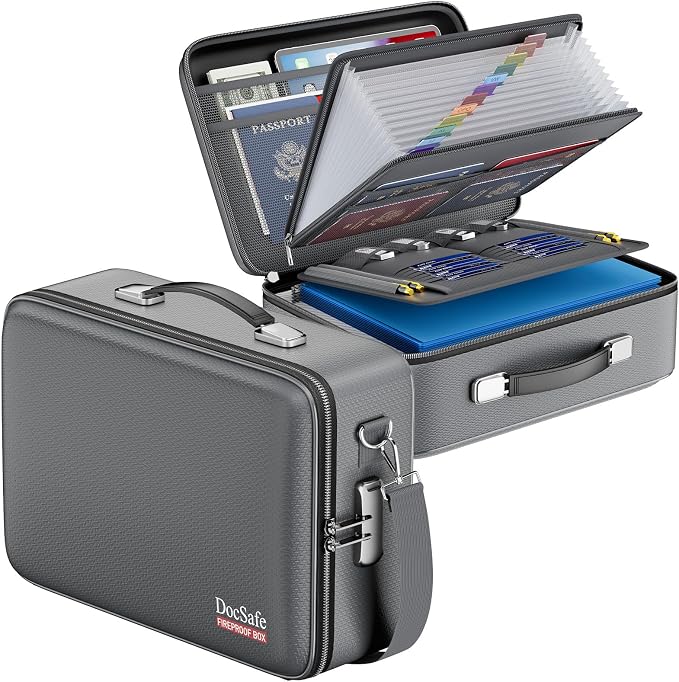 DocSafe Fireproof Document Box with Lock＆Shoulder Strap,Hard Case File Organizer with Accordion File Folder,Multi-Layer Portable Home Office Travel Safe Storage for Important Documents Laptop Gray by DocSafe