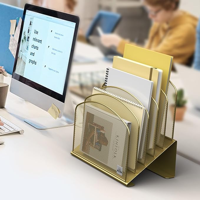 Delifox Inclined Desk File Organizer,Vertical File Folder Holder Stand Metal Rack File Sorter for Office Classroom Desktop Organization (2, Gold, 5) - Image 7