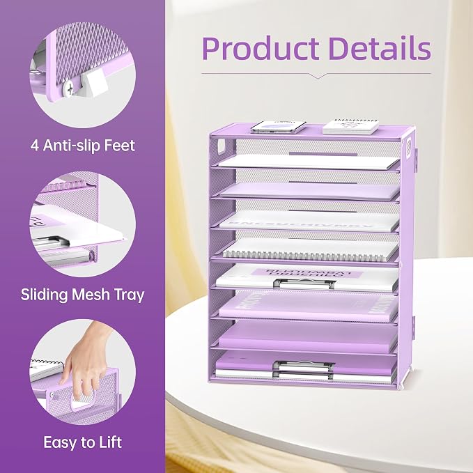 DALTACK 9-Tier Paper Letter Tray Desk Organizer with Handles, Mesh File Holder Organization, Paper Sorter Desk Organizer for Office Home School, Purple 2 Pack | Desk File Organizer with Removable Trays for Sorting Files, Folders, Mail and Printer Paper... - Image 5