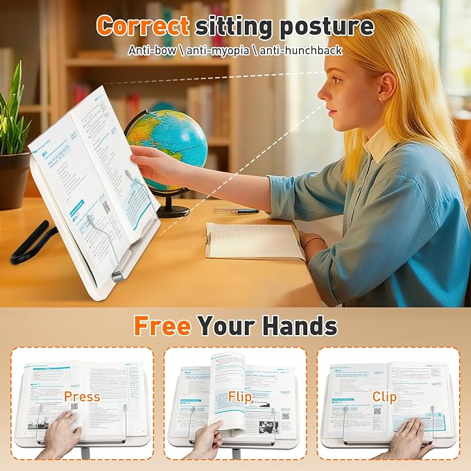 2-in-1 Floor Standing Book Stand, Foldable Book Holder for Reading with Page Clips, 19"–51" Height Adjustable, Sturdy Podium Stand for Reading, Bible, Laptop, Cookbooks, or Projector - Image 6