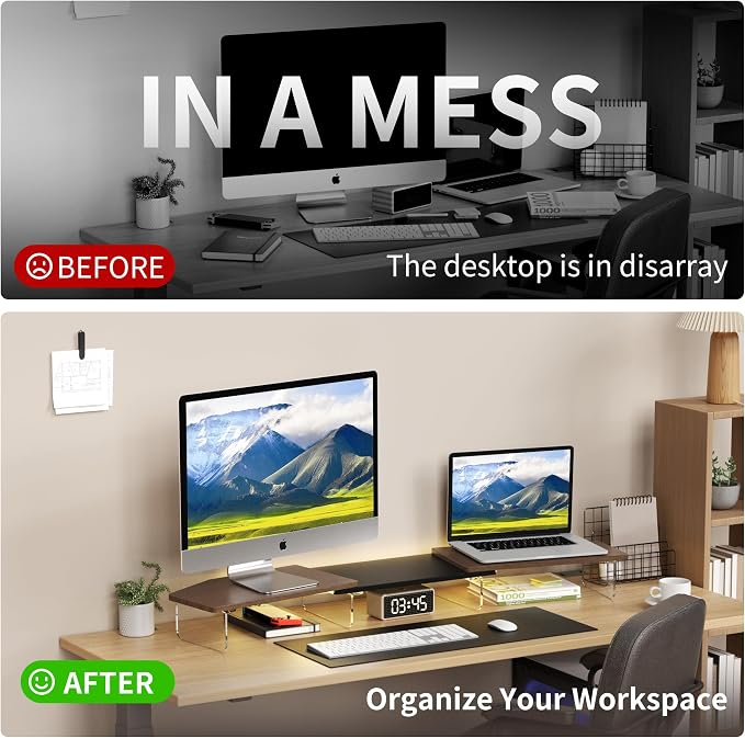 AFOOYO LED Dual Monitor Stand Riser for 2 Monitors,Office Desktop Wooden Stand Adjustable Length and Angle 3 Shelf,Extra Long Multifunctional Stand up to 44.4" for Computer,Laptop,TV,Walnut Finish - Image 4