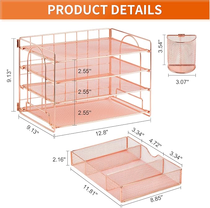 Lavatino 4-Tier Desk Paper Letter Tray Organizer for Desk Accessories & Workspace Organizers with Drawer and 2 Pen Holder for Home, School, Office Supplies Storage (Rose Gold) - Image 6