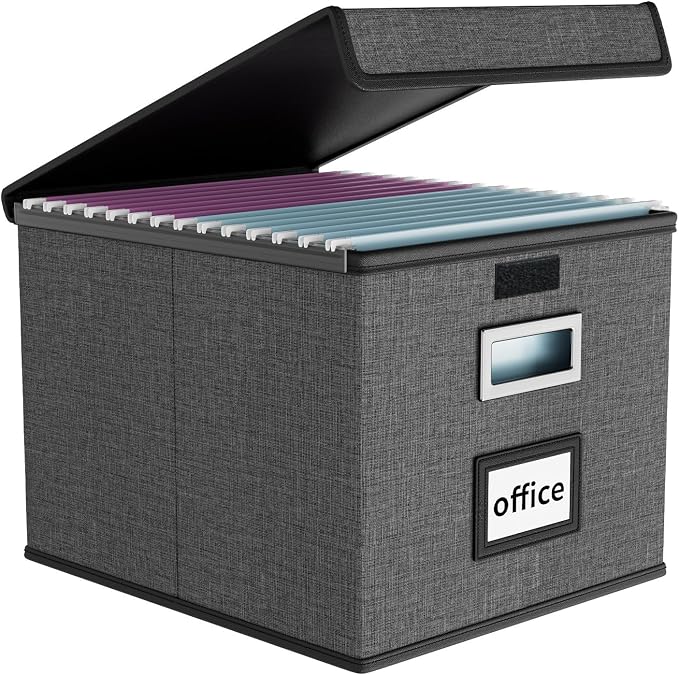 File Organizer Box with Lids, Collapsible File Folder Organizer | File Box with Plastic Slides for Document, Filing Bin for Letter Size Hanging File Folders (1 Pack, Dark Gray) by Huolewa