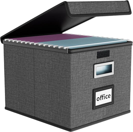 File Organizer Box with Lids, Collapsible File Folder Organizer | File Box with Plastic Slides for Document, Filing Bin for Letter Size Hanging File Folders (1 Pack, Dark Gray) by Huolewa