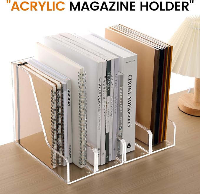 HeZone Acrylic Magazine Rack File Holder Desk Organizers and Storage 2-Pack Small Clear Acrylic Vertical Magazine Holder Book Stand for Office Desk - Image 4