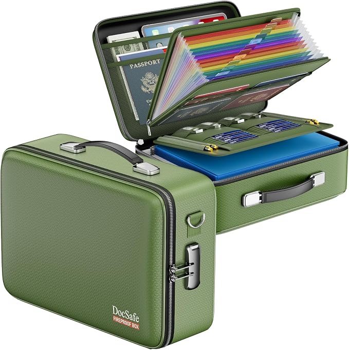 DocSafe Fireproof Document Box Hard Case with Lock ＆ Accordion File Folder | Fire and Water Resistant Safe Box,File Organizer,Multi-Pocket,Home Office Travel Storage for Important Document,Laptop,Green by DocSafe