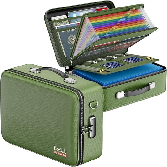 DocSafe Fireproof Document Box Hard Case with Lock ＆ Accordion File Folder | Fire and Water Resistant Safe Box,File Organizer,Multi-Pocket,Home Office Travel Storage for Important Document,Laptop,Green by DocSafe