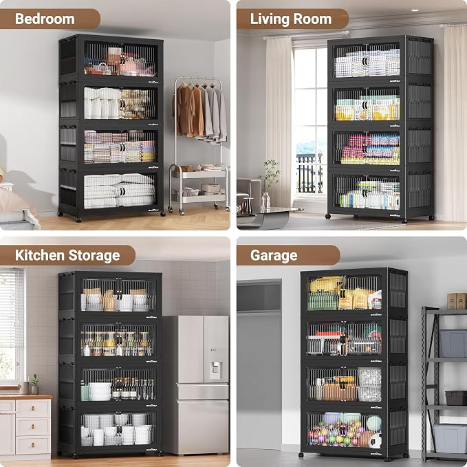 BROVIEW 800Qt Extra Large Stackable Storage Bins with Lid, Closet Organizer Collapsible Drawer Boxes with Wheels, Folding Plastic Cabinet Containers for Home Kitchen Room Organization, 4Pack Black - Image 7