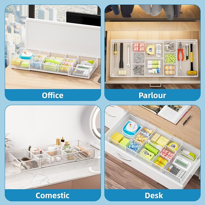Marbrasse Expandable Desk Drawer Organizer, Mesh Drawer Organizer Tray with 10 Adjustable Compartments, Desk Organizers and Accessories for Office Supplies (Longer Expandable Drawer Organizer-W) - Image 4