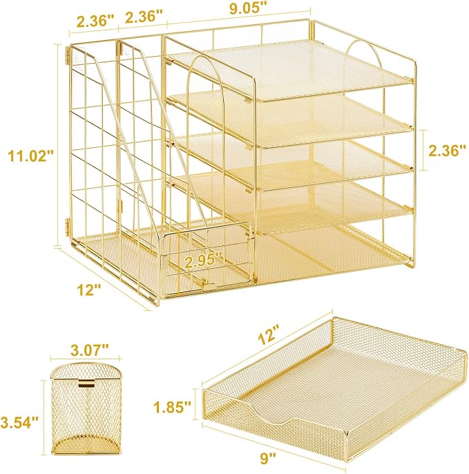 Marbrasse Desk Organizer with File Holder, 5-Tier Paper Letter Tray Organizer with Drawer and 2 Pen Holder, Mesh Desktop Organizer and Storage with Magazine Holder for Office Supplies (Gold 2p) - Image 6