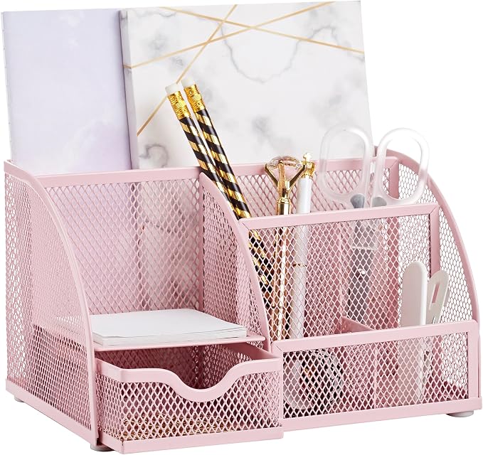 Exerz Desk Organizer 7 Compartments Metal Mesh Pen Holder Caddy Light Pink | Soft Color Desktop Storage for Notes Clips Scissors Rulers Craft Tools Makeup Study and Home Use - Image 3