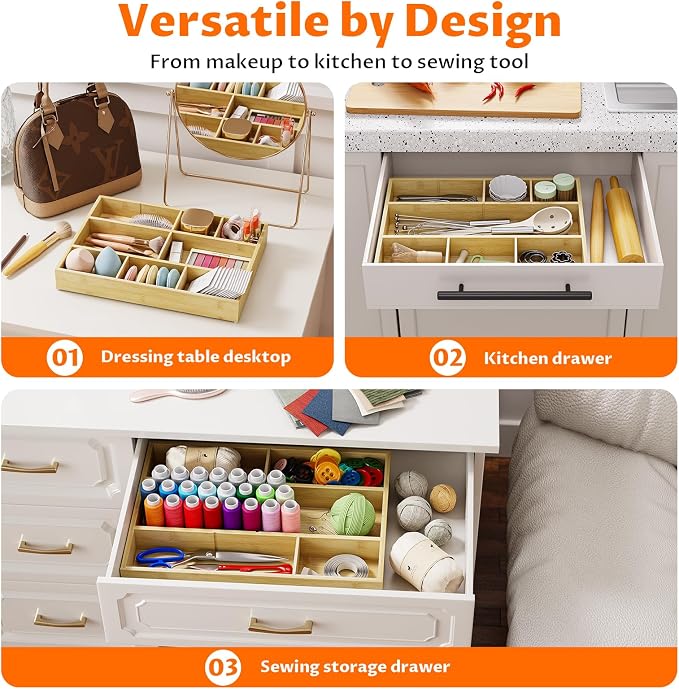 Bamboo Drawer Organizer with 9 Adjustable Compartments, Desk Storage Tray | Natural Bamboo, Flexible Modular Trays, Water-Resistant, Adjustable, Excellent Organization, Easy to Clean, Non-Slip Design - Image 7