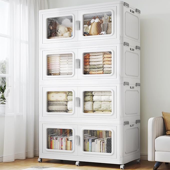 BROVIEW 880 Qt Extra Large Stackable Storage Bin with Lids, 4 Pack White | 220Gal Extra Large, Collapsible Storage Boxes with 4 Lids, Folding& Rolling Plastic Drawer, Heavy-Duty Cabinet Organization by BROVIEW-EnjoytheArtofLife